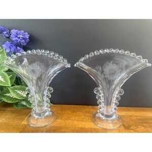 Vintage Pair Etched Cornflower Fan Vases W.J. Hughes‎ Clear Glass Bubble Beaded